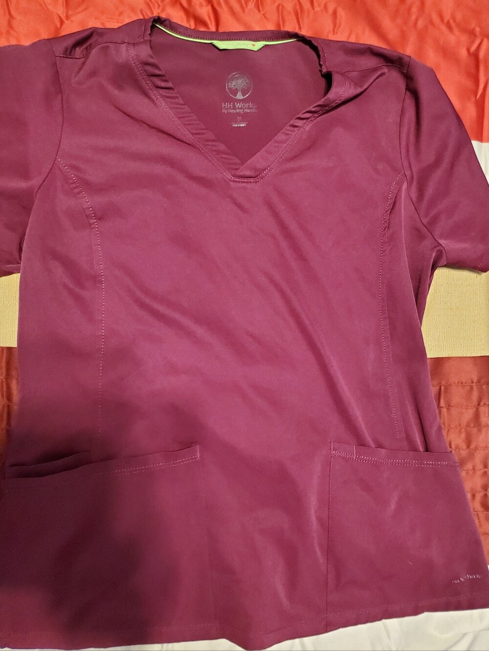 HH Works by Healing Hands Maroon V-Neck Scrub Top - Size Medium